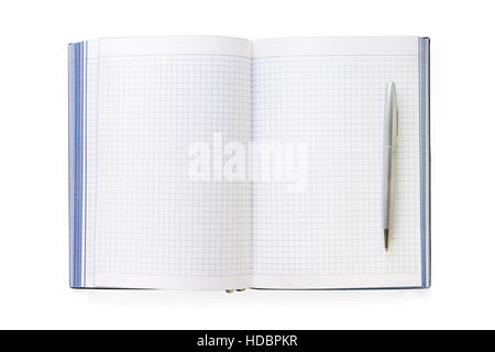 Aprire il notebook con penna. Vista superiore, isolato su bianco, percorso di clipping incluso Foto Stock