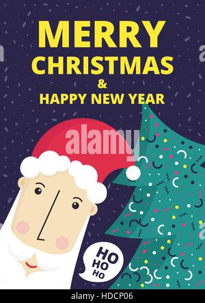 Carino Santa Claus. Buon Natale e Felice Anno Nuovo scintillante card tipografia illustrazione vettoriale, elemento di design, abete, font. Rosa Blu W verde Illustrazione Vettoriale