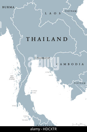 Thailandia mappa politico con capitale Bangkok e dai confini nazionali. Unito alla penisola indocinese nel sud-est asiatico. Foto Stock