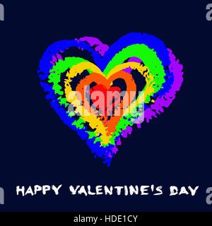 Gay Greeting Card con cuore arcobaleno. Scritto a mano parole felice il giorno di San Valentino. Dipinto di elementi di design. Grunge texture invecchiati. Vivace colorato br Illustrazione Vettoriale