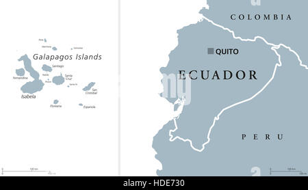 Ecuador mappa politico con capitale Quito e le isole Galapagos nell'Oceano Pacifico. Repubblica in Sud America. Foto Stock