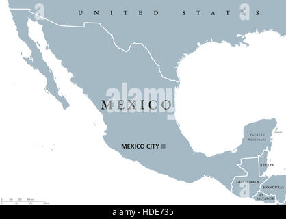 Messico mappa politico con capitale Città del Messico e i confini nazionali. Stati Uniti del Messico, una repubblica federale in Nord America. Foto Stock