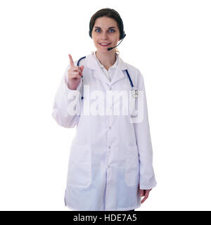 Femmina assistente medico scienziato in camice bianco su sfondo isolato Foto Stock