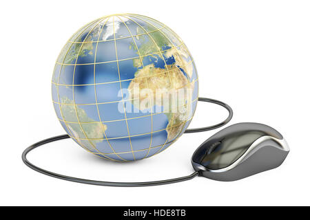 Global online shopping concetto, la terra con il mouse del computer. 3D rendering isolati su sfondo bianco Foto Stock