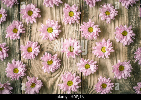 Modello di fiori di colore rosa sul tavolo di legno vista superiore Foto Stock