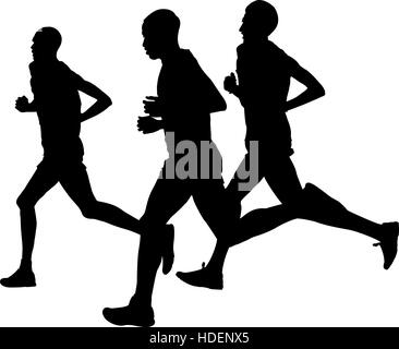 Tre leader uomo guide sport in esecuzione marathon. silhouette nera illustrazione vettoriale Foto Stock