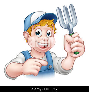 Un cartoon giardiniere tenendo un utensile da giardinaggio e puntamento Foto Stock