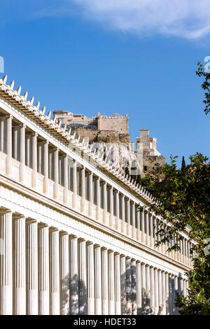 Vista parziale della Stoa di Attalos, nell'agorà di Atene. Esso è stato originariamente costruito da Re Attalos, nel 2° C. A. C. Foto Stock