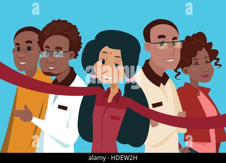 Mix corsa imprenditori gruppo tenuto Selfie foto su Smart Phone piatta illustrazione vettoriale Illustrazione Vettoriale