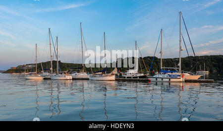 Yacht ormeggiati a dale pontile esterno su una tranquilla serata estati, dale pemrokeshire Foto Stock