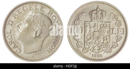 Nichel 100 lei 1936 coin isolati su sfondo bianco, Romania Foto Stock