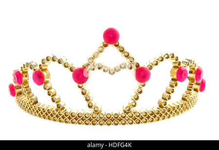 Golden crown con gioielli rosa isolato su bianco Foto Stock