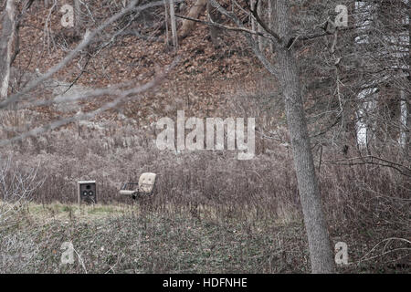 Una casa abbandonata tagged con graffiti siede nel bosco adiacente al fiume Tamigi nel sudovest Ontario in Canada. Foto Stock