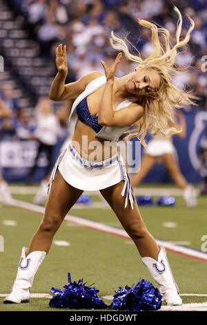 Indianapolis, Indiana, Stati Uniti d'America. Undicesimo Dec, 2016. Dicembre 11th, 2016 - Indianapolis, Indiana, Stati Uniti - Un Indianapolis Colts cheerleader esegue durante la NFL partita di calcio tra la Houston Texans e Indianapolis Colts a Lucas Oil Stadium. © Adam Lacy/ZUMA filo/Alamy Live News Foto Stock