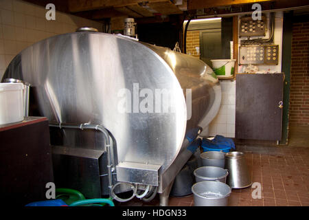 Serbatoio del latte in camera con benne per uso in background Foto Stock