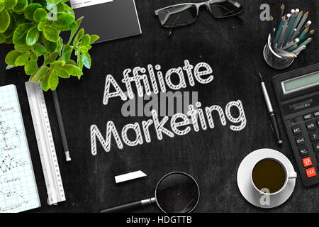 Il concetto di business - marketing di affiliazione manoscritta su lavagna. Vista superiore composizione con lavagna e forniture per ufficio sulla scrivania in ufficio. 3d ri Foto Stock