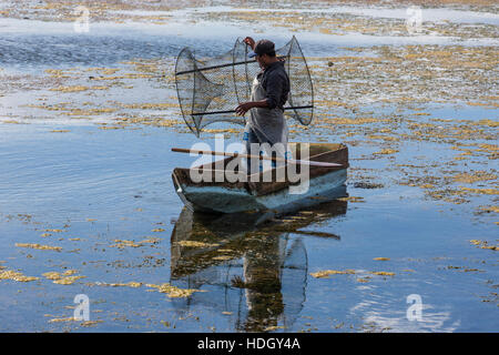 Un pescatore in una piccola cayuco prepara per impostare una trappola di pesci nel lago Atitlan, Guatemala. Egli è in piedi, pronto a cadere nella trappola nell'acqua. Lì ho Foto Stock