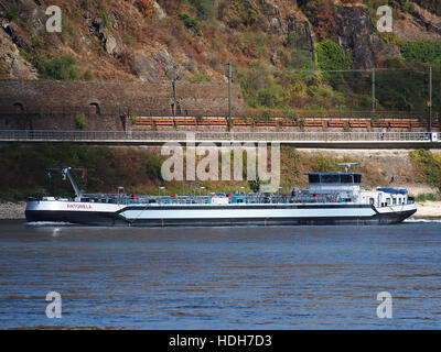 L'Antonela, una nave identificata con il numero ENI 02336171, naviga lungo il fiume Reno vicino a Oberwesel. Questa nave moderna opera lungo una delle vie navigabili più significative d’Europa, al servizio delle esigenze di trasporto e di trasporto merci. Foto Stock