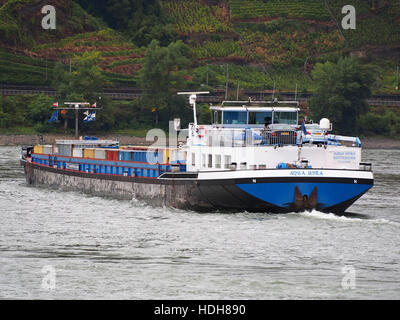L'Aqua-Myra, una nave del 1989 con numero ENI 02319046, naviga lungo il fiume Reno vicino a Oberwesel. Questa nave fa parte della rete europea di trasporto fluviale, utilizzata per il trasporto di merci lungo una delle vie navigabili più trafficate d’Europa. Foto Stock