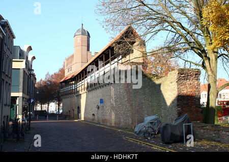 Bastioni e mura medievali della città lungo Thorbeckegracht / Thorbecke canal, Zwolle, Paesi Bassi. Foto Stock