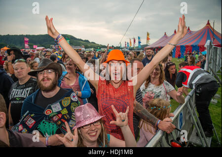 Il pubblico e la folla anjoying il 2016 grande tributo music festival, alla periferia di Aberystwyth Wales UK, che si tiene ogni anno in agosto weekend festivo,. Foto Stock