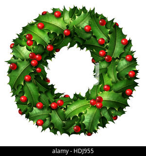 Holly holiday corona con bacche rosse come un inverno Natale classico elemento di decoro e di nuovo anno celebrazione ornamento isolato su un bianco backgroun Foto Stock