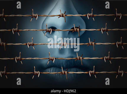 Concetto di censura e la libertà di parola simbolo di crisi e di repressione in espressione di idee icona come un essere umano dietro nel vecchio filo spinato come metaph Foto Stock