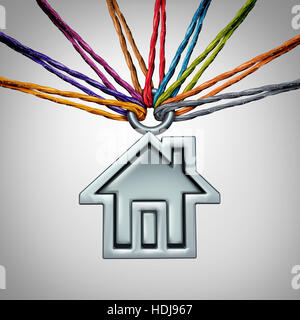 Comunità casa concetto e gruppo di quartiere home supporto simbolo come un insieme eterogeneo di corde tenendo in mano un icona di una residenza di famiglia con 3D illustra Foto Stock