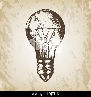 Disegnata a mano illustrazione vettoriale - realistico lampadina luce sketch. Carta marrone dello sfondo. Illustrazione Vettoriale