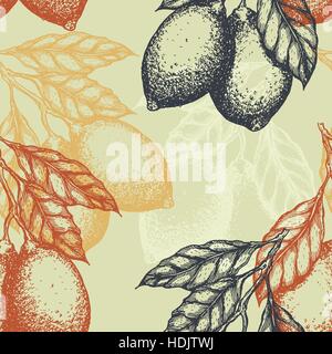 Limoni sfondo. Grafico lineare. Agrumi incisi seamless pattern. Illustrazione Vettoriale Illustrazione Vettoriale