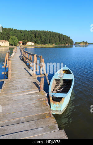 In legno ponte in rovina a isolato Monastero di Santa Maria sul Zvernec isola (Narta Laguna, Valona Albania). Foto Stock