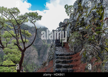 Cumbrecita montagne in "de la Caldera de Taburiente' parco nazionale con il suo caratteristico paesaggio. La foto mostra le scale rocciosa di un sentiero Foto Stock