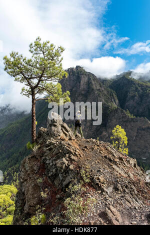 Cumbrecita montagne in "de la Caldera de Taburiente' parco nazionale. La foto mostra una fotografia backpacker femmina in corrispondenza di un ripido sperone viewpoint Foto Stock