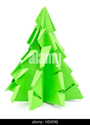 Origami albero di Natale isolato su sfondo bianco. Decorazione, Felice Anno Nuovo cartolina. Foto Stock