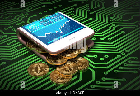 Concetto di portafoglio digitale e Bitcoins verde sul pannello di circuito stampato. Oro Bitcoins Fuoriuscita di Rosa Smartphone curve. 3D'illustrazione. Foto Stock