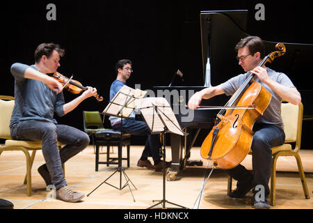 Tom Poster (pianoforte), Guy Johnston (violoncello) e Magnus Johnston (violino) ripassando per il loro concerto serale presso MusicFest Aberystwyth , Wales UKL - Luglio 2016 Foto Stock