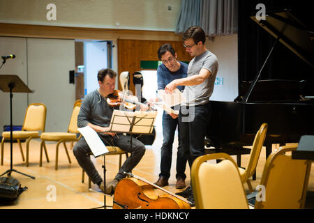 Tom Poster (pianoforte), Guy Johnston (violoncello) e Magnus Johnston (violino) ripassando per il loro concerto serale presso MusicFest Aberystwyth , Wales UKL - Luglio 2016 Foto Stock