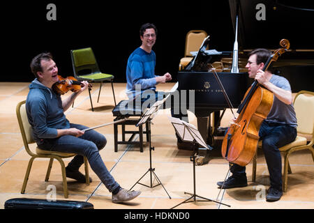 Tom Poster (pianoforte), Guy Johnston (violoncello) e Magnus Johnston (violino) ripassando per il loro concerto serale presso MusicFest Aberystwyth , Wales UKL - Luglio 2016 Foto Stock