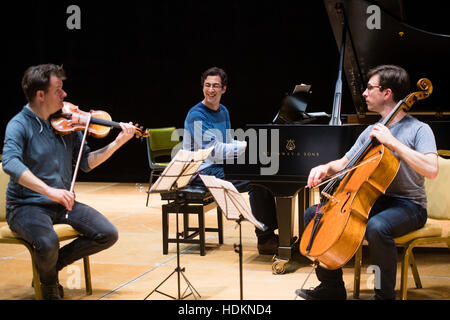 Tom Poster (pianoforte), Guy Johnston (violoncello) e Magnus Johnston (violino) ripassando per il loro concerto serale presso MusicFest Aberystwyth , Wales UKL - Luglio 2016 Foto Stock