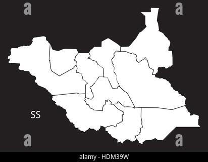 Il sud Sudan con mappa degli stati in bianco e nero illustrazione Illustrazione Vettoriale