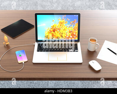 Smartphone, laptop, tavoletta digitale e mug tazza sulla scrivania in legno. Il rendering 3D'immagine. Foto Stock