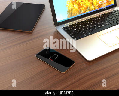 Smart phone con la batteria scarica mark sul desktop. Il rendering 3D'immagine. Foto Stock