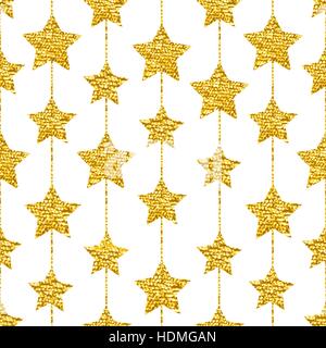 Modello senza cuciture con oro shine glitter stelle su sfondo bianco. Illustrazione Vettoriale