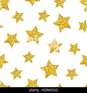 Modello senza cuciture con oro shine glitter stelle su sfondo bianco. Illustrazione Vettoriale