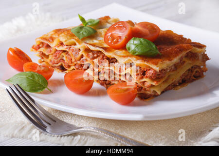 Deliziose lasagne a caldo con basilico e pomodori su una piastra bianca. Posizione orizzontale Foto Stock
