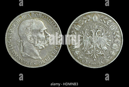 Argento 5 Moneta Corona di Franz Joseph I Foto Stock