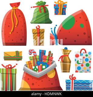 Regali di Natale icone cartoon, gli oggetti raccolta. Felice Anno Nuovo set di presenta ed elementi per il biglietto di auguri o di sfondo o incarto o patte Illustrazione Vettoriale