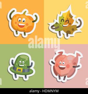 Illustrazione Vettoriale emoticon emoji set di adesivi sul tema delle vacanze d'autunno. Autunno emoticon felice giorno del ringraziamento. Emozioni diverse funny zucca Illustrazione Vettoriale