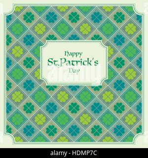 Happy Saint Patrick,s day. Nazionale vacanza irlandese. Saluti cartolina o banner con seamless pattern con quatrefoil trifogli. Appartamento moderno a colori. Vin Illustrazione Vettoriale