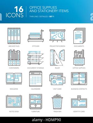 Dettagliata la linea sottile di icone per office e business. Forniture per ufficio e articoli di cancelleria. Documenti, calendario, righelli, schede di contatto e altri elementi. Ve Illustrazione Vettoriale